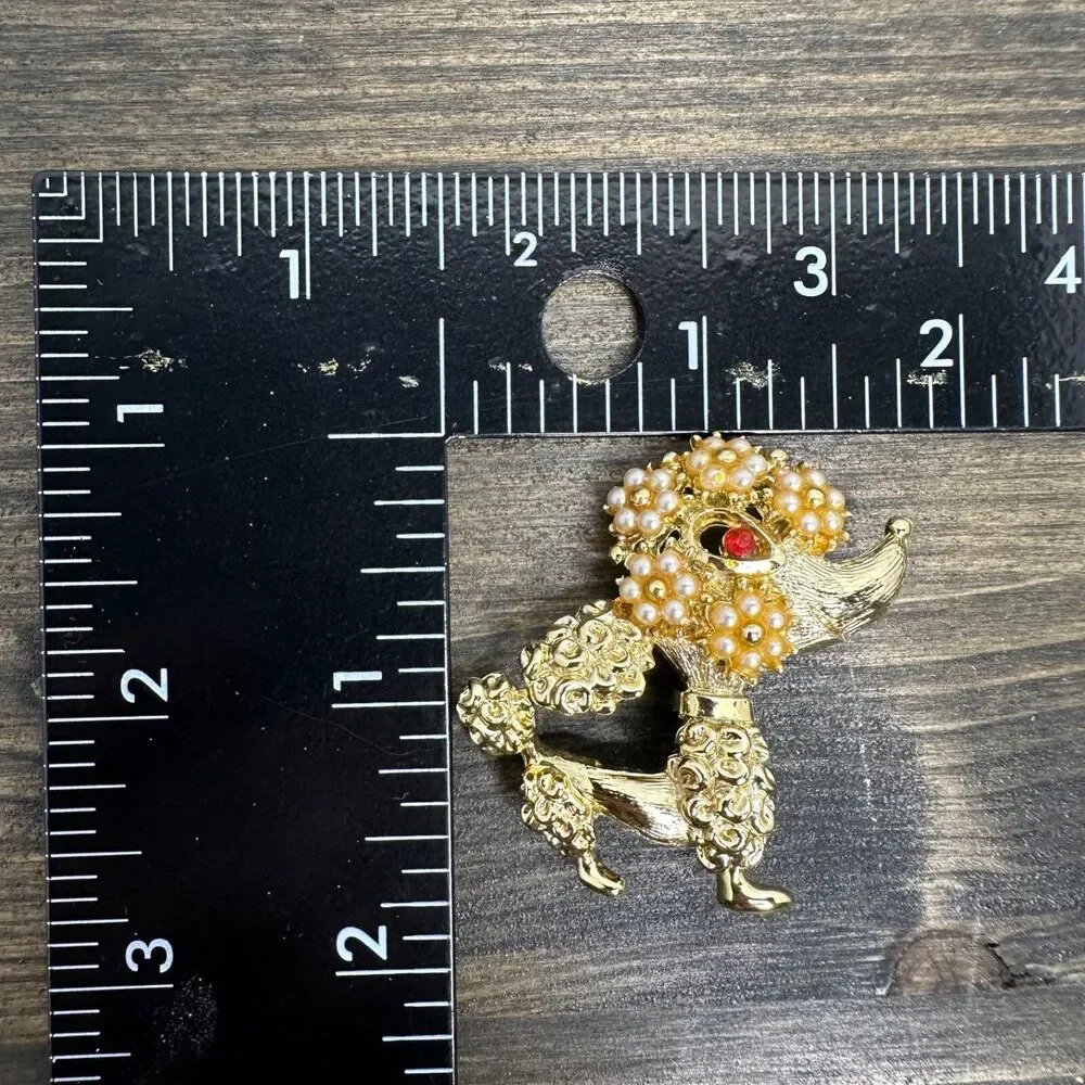Vintage French Poodle Brooch Pin Gold Tone Faux Pearls‎ Red Rhinestone Dog